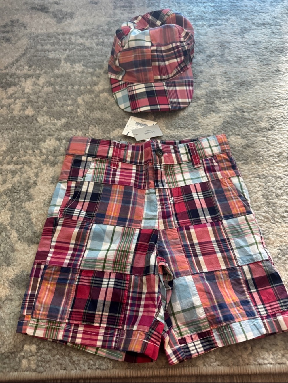 Janie and Jack Multicolor Patchwork Plaid Shorts (5) with Matching Cap (6-8)
